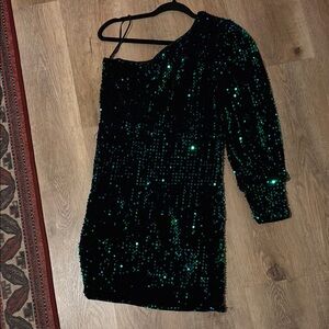 Sequin One-Shoulder Dress - Black and Green